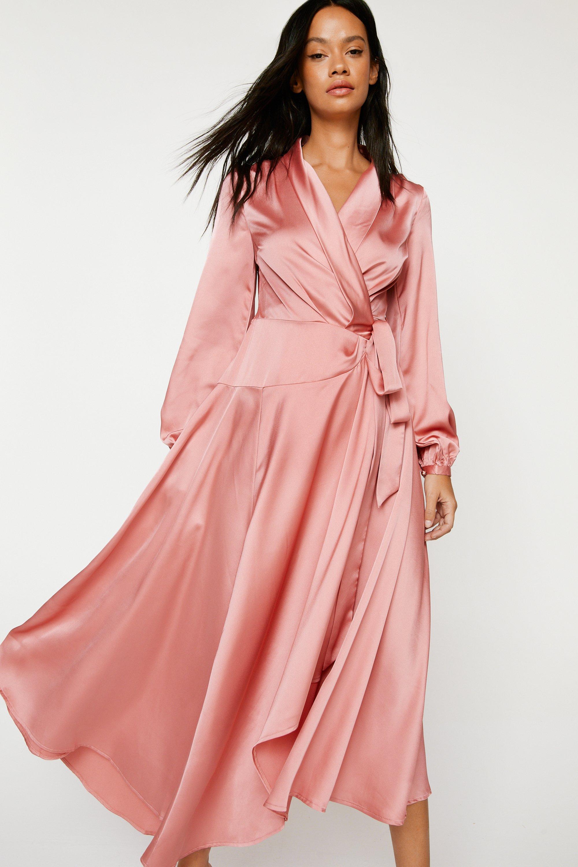 Pink satin wrap outlet dress